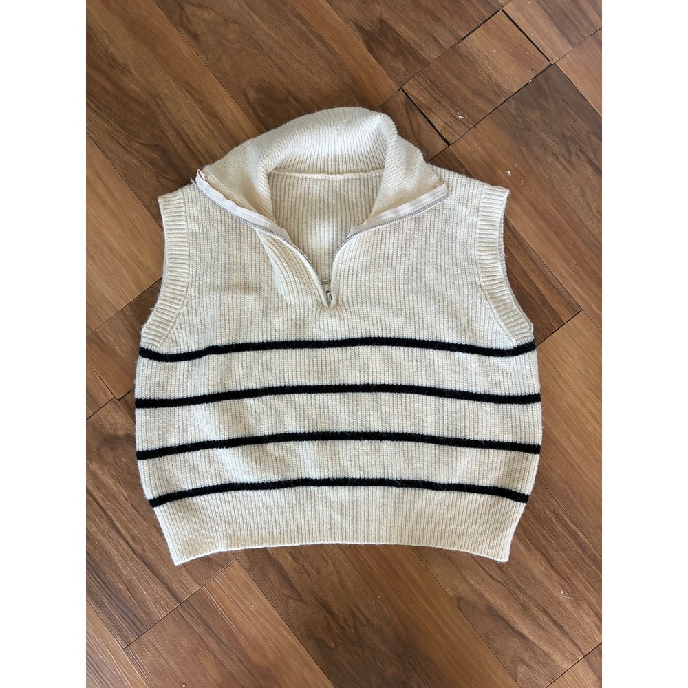 Minimalist Cream Striped Quarter Zip Sweater Vest Ribbed Knit Sleeveless Top